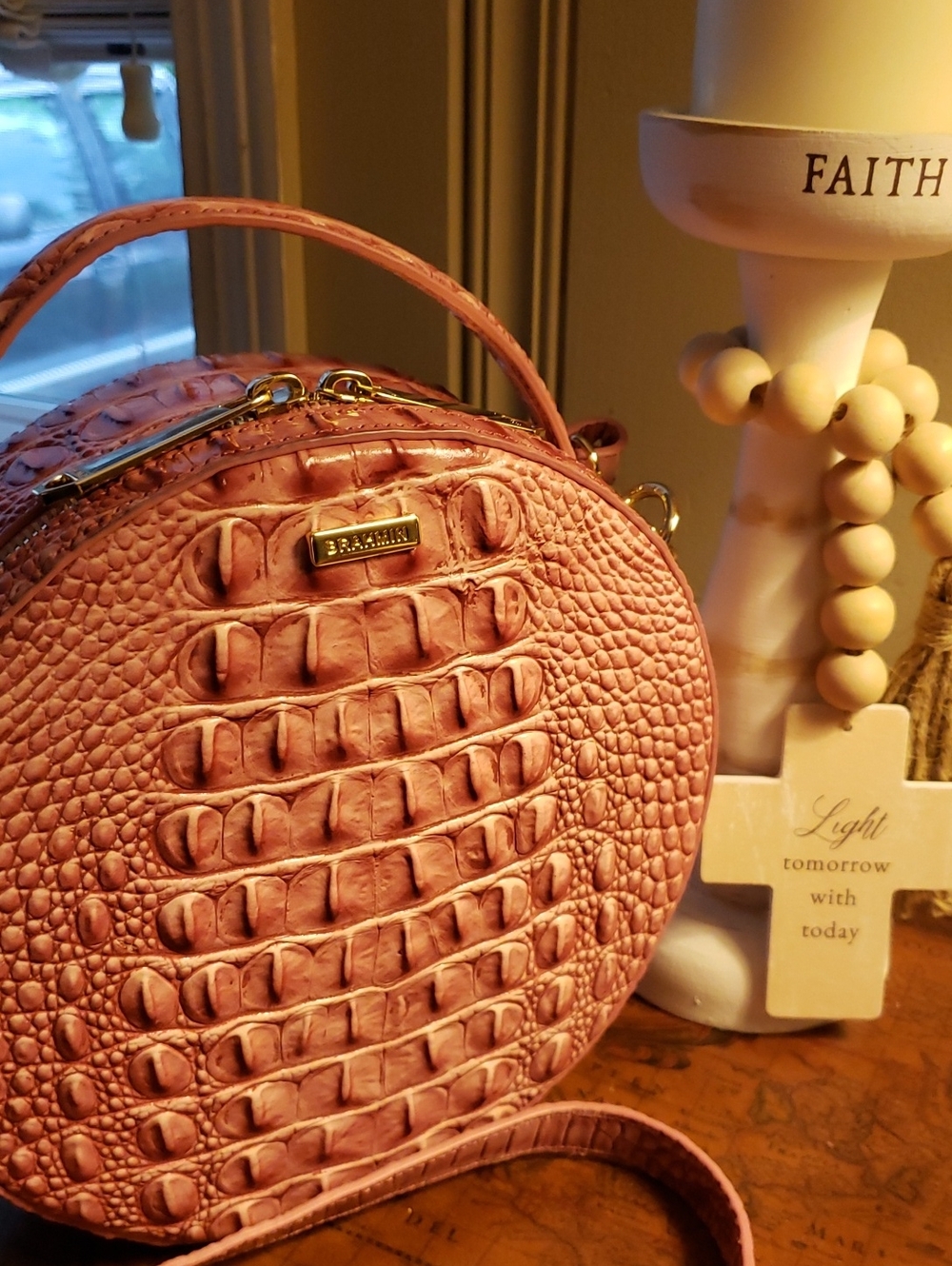 Brahmin Pink Punch Lane Croc-Embossed Round Top-Handle Mini Bag